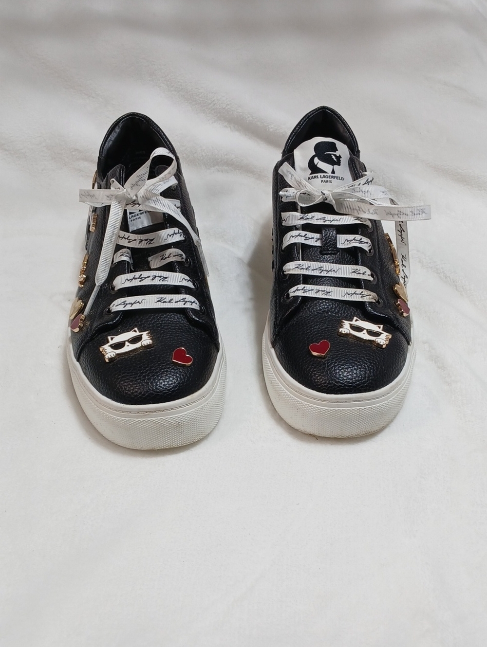 Karl Lagerfeld Black Leather Platform Lace-Up Sneakers with Embellishments Sz 9M